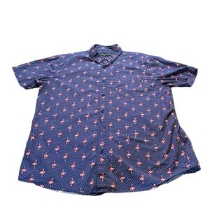 Short Sleeve button down shirt, navy with pink‎ flamingos XL